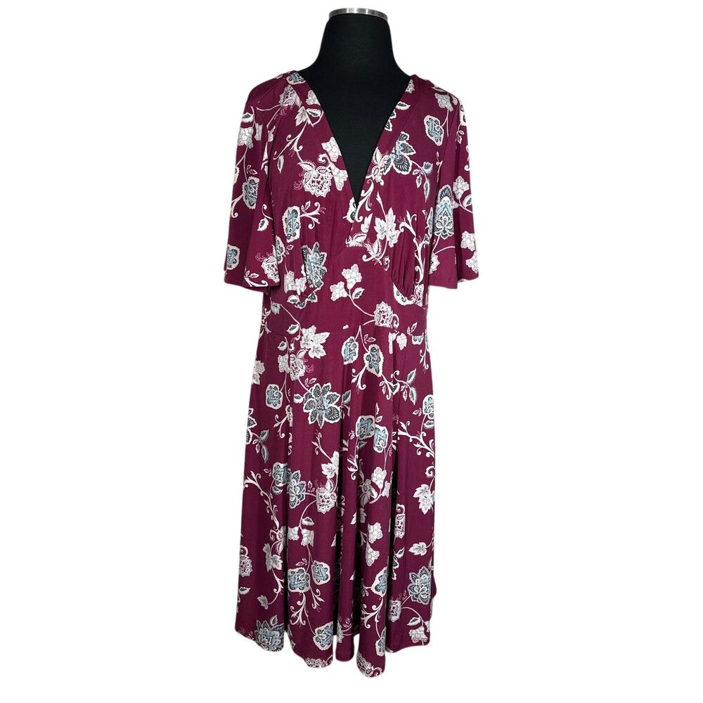 Torrid Stretch Knit Floral Skater Midi Dress Burgundy Sz 1X V-Neck Casual Summer